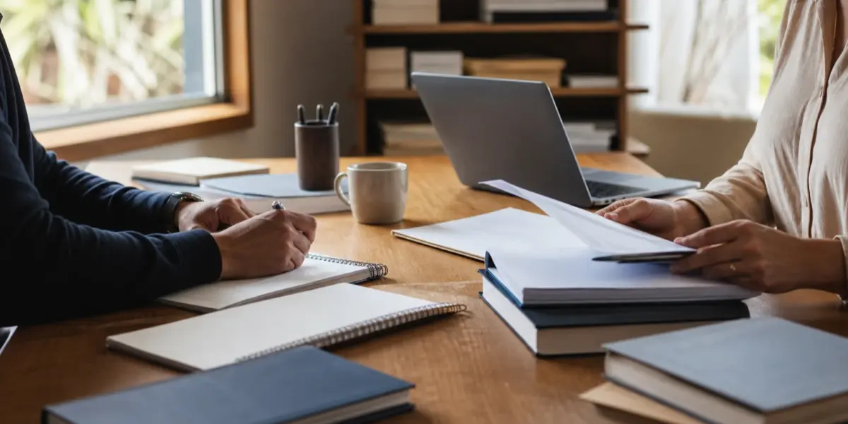 Duas pessoas trabalham com cadernos, livros e computador em uma mesa de redação iluminada por luz natural.