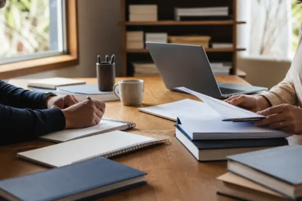 Duas pessoas trabalham com cadernos, livros e computador em uma mesa de redação iluminada por luz natural.