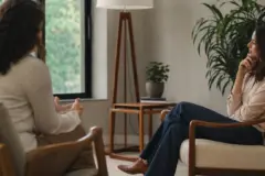 Duas pessoas conversam em uma sala iluminada, enquanto uma delas escuta atentamente a pausa da outra.