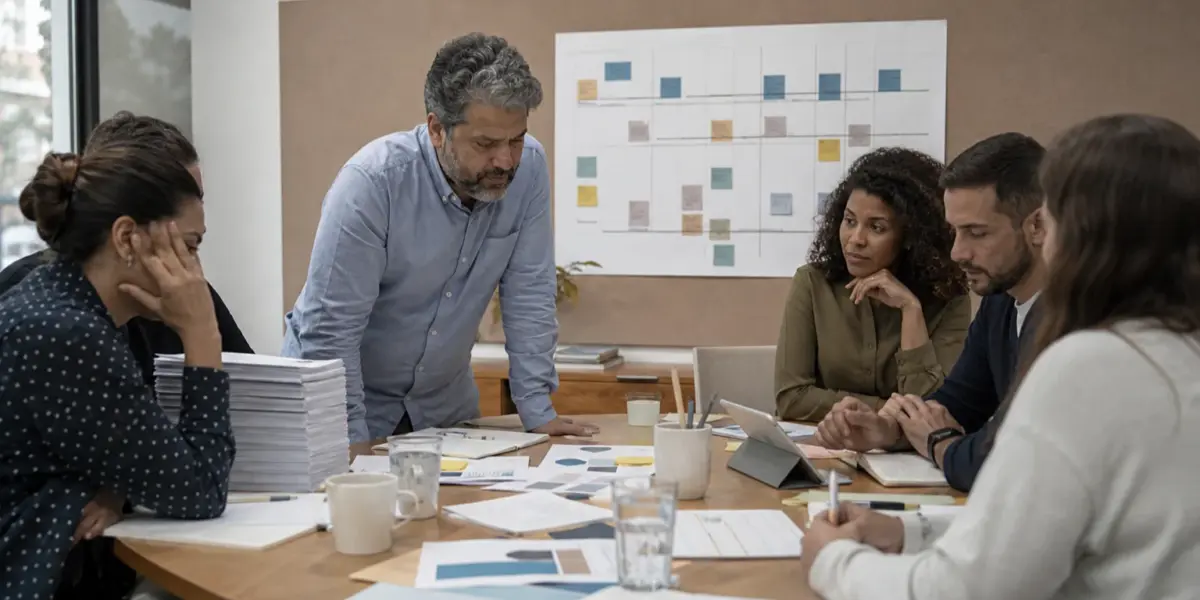 Equipe adulta diversa analisa tarefas ao redor de uma mesa em um ambiente de trabalho contemporâneo.