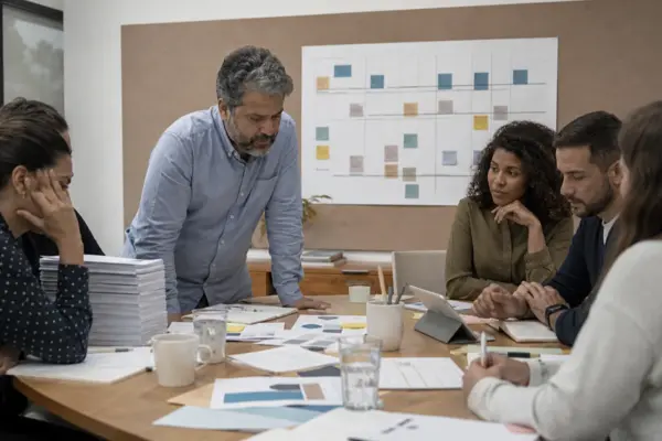 Equipe adulta diversa analisa tarefas ao redor de uma mesa em um ambiente de trabalho contemporâneo.