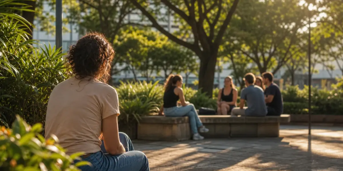 Pessoa sentada em uma praça observa ao longe um pequeno grupo reunido sob árvores no fim da tarde.