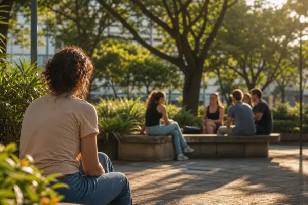 Pessoa sentada em uma praça observa ao longe um pequeno grupo reunido sob árvores no fim da tarde.