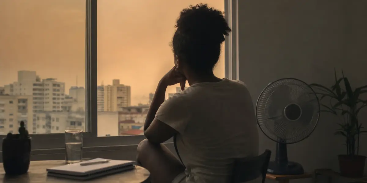 Pessoa anônima observa uma cidade sob céu enevoado de calor através de uma janela, com ventilador e caderno ao lado.