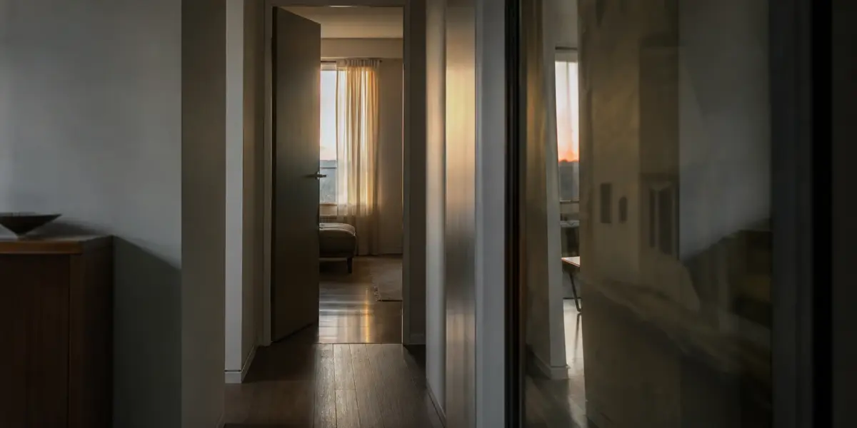 Corredor doméstico ao entardecer com porta entreaberta e reflexo do ambiente em um painel de vidro