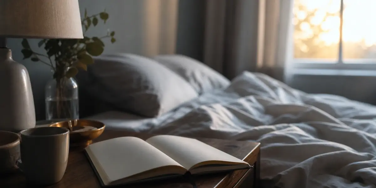 Mesa de cabeceira com caderno aberto diante de cama desfeita ao amanhecer.