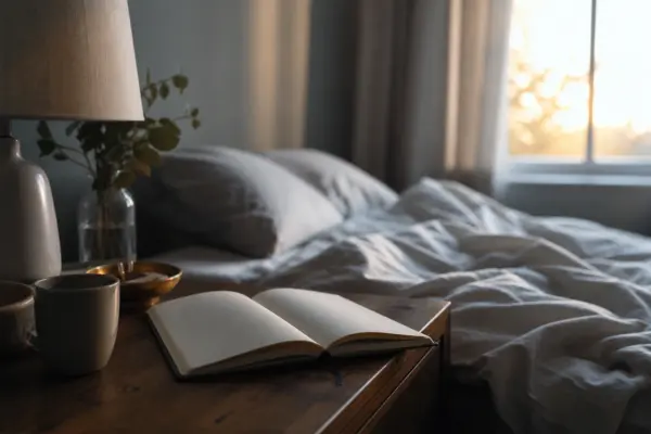 Mesa de cabeceira com caderno aberto diante de cama desfeita ao amanhecer.