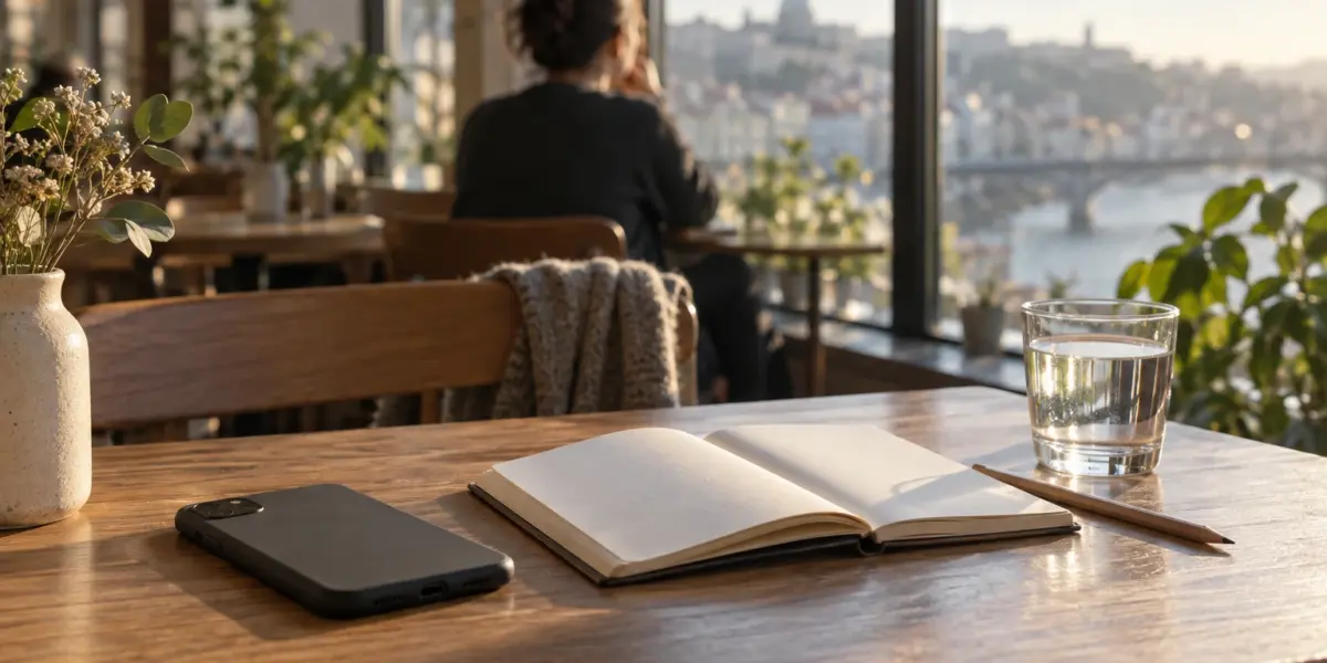 Mesa de café iluminada pela manhã com celular virado para baixo, caderno aberto, lápis e copo de água; ao fundo, pessoa anônima diante da janela.
