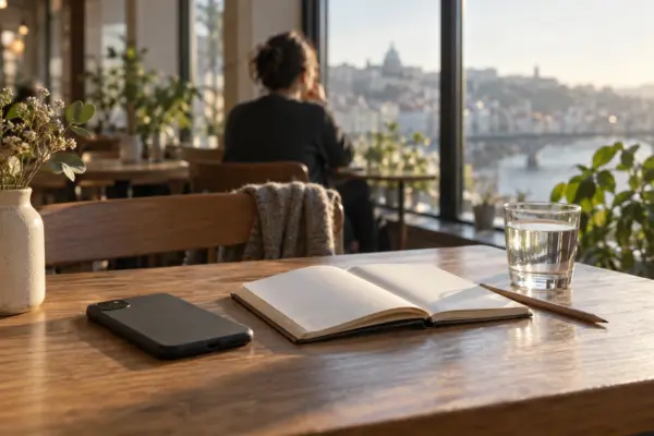 Mesa de café iluminada pela manhã com celular virado para baixo, caderno aberto, lápis e copo de água; ao fundo, pessoa anônima diante da janela.