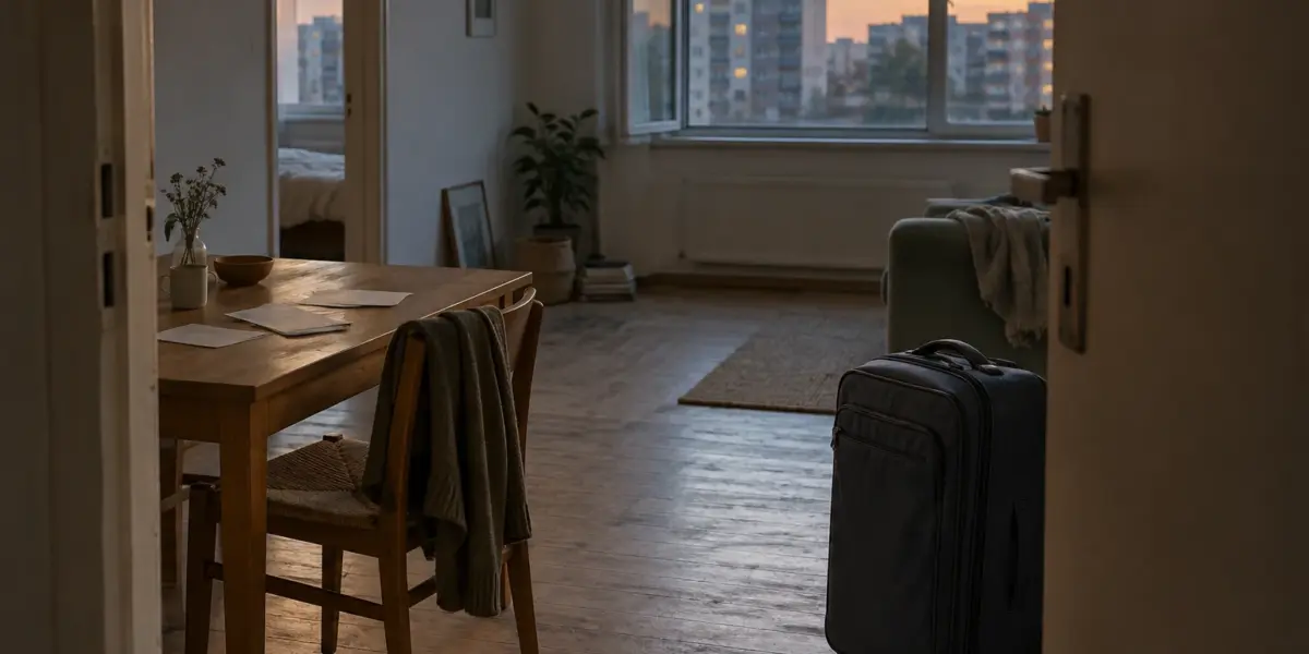 Interior de um apartamento urbano ao entardecer, com uma mala diante da porta, mesa de madeira e prédios desfocados pela janela.