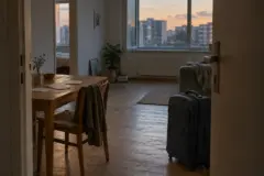 Interior de um apartamento urbano ao entardecer, com uma mala diante da porta, mesa de madeira e prédios desfocados pela janela.