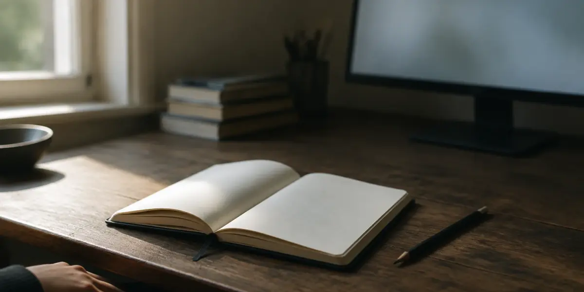 Caderno aberto de páginas em branco e lápis sobre uma mesa de madeira, diante de um monitor desfocado em um ambiente de estudo iluminado.