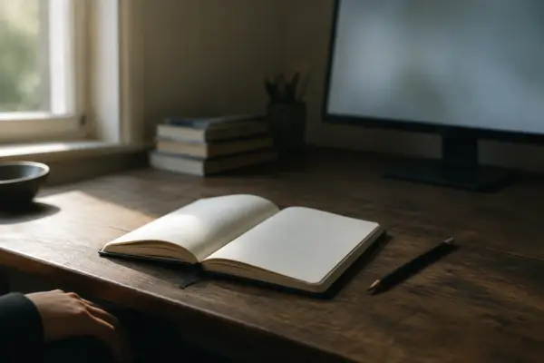 Caderno aberto de páginas em branco e lápis sobre uma mesa de madeira, diante de um monitor desfocado em um ambiente de estudo iluminado.