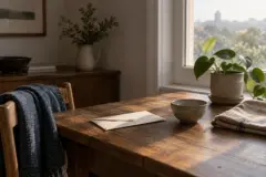 Mesa de madeira junto a uma janela, com envelope fechado, tecido dobrado, tigela de cerâmica e planta com uma folha nova, sugerindo ausência e continuidade.