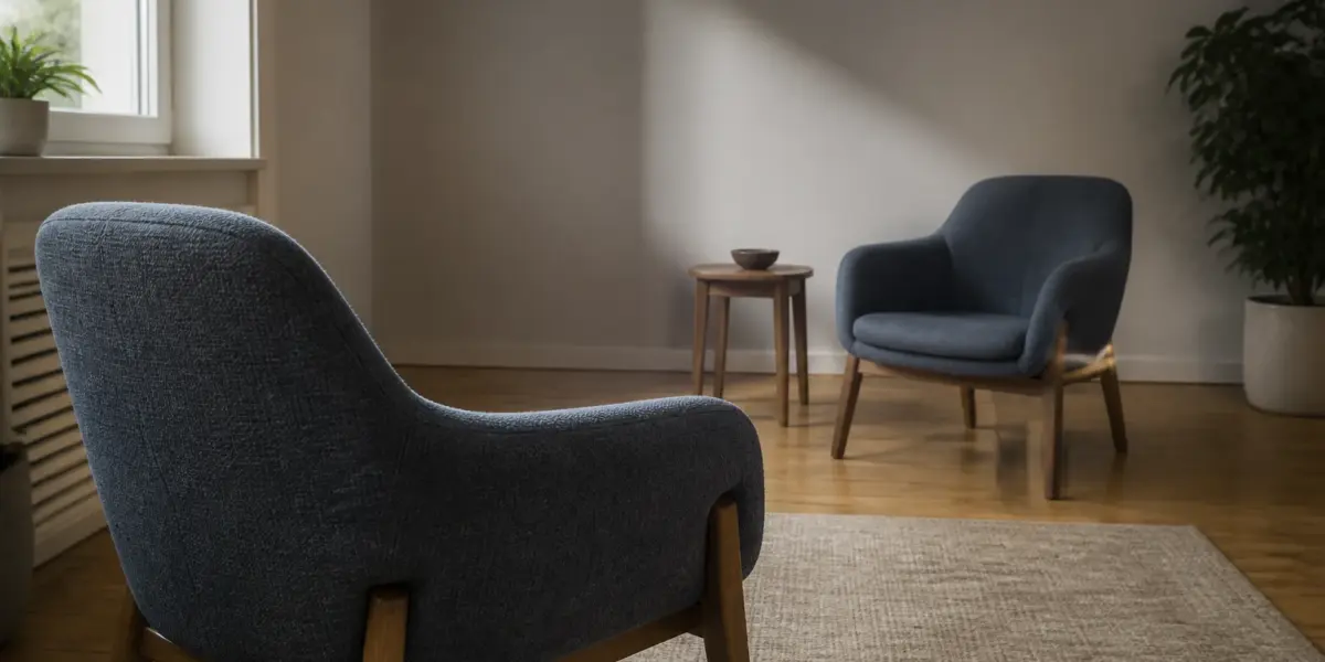 Duas poltronas azuis sem pessoas em uma sala iluminada, voltadas uma para a outra, como metáfora da relação e da escuta.