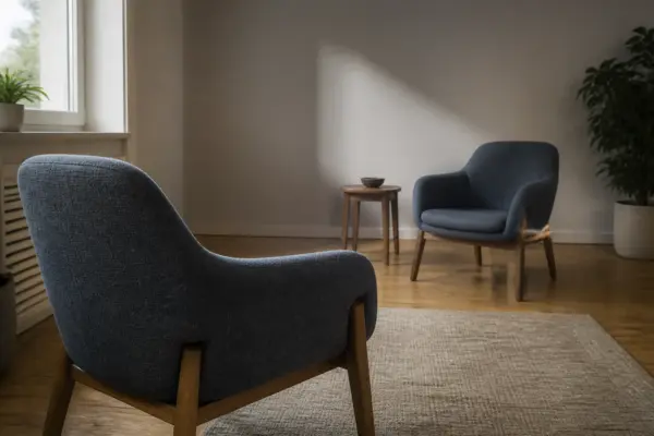 Duas poltronas azuis sem pessoas em uma sala iluminada, voltadas uma para a outra, como metáfora da relação e da escuta.